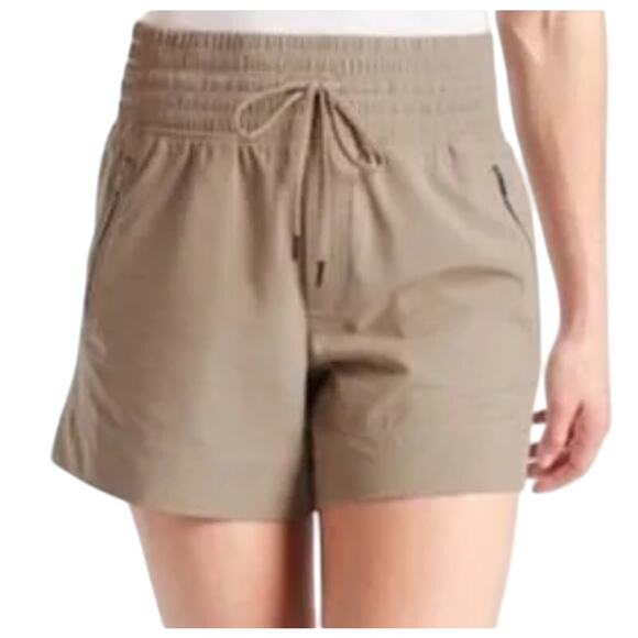 Athleta Camden Tan Khaki Elastic Waist Zipper Pockets Lightweight Shorts Size 6 - Picture 1 of 10